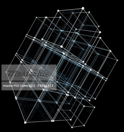 Abstract cubes. Network connection on black background. 3D illustration