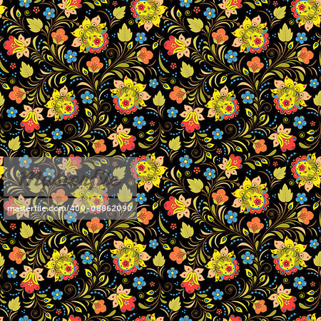 Illustration of seamless pattern with traditional russian floral ornament.Khokhloma.
