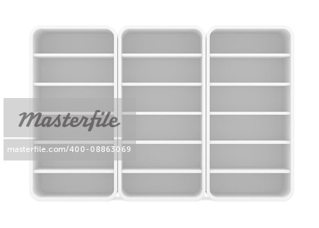 Three empty rotated retail shelves. Front view. Template. 3D Illustration, Isolated on white