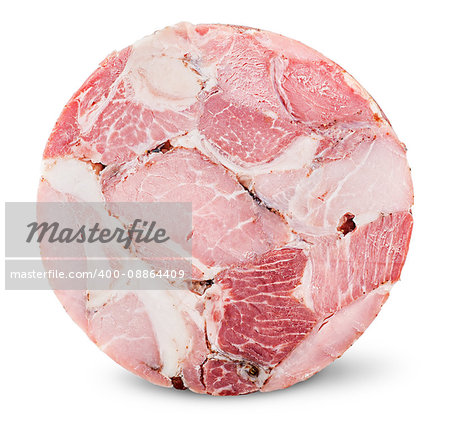 Cut slice of ham isolated on white background