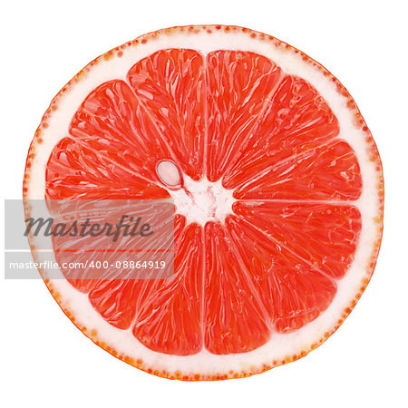 Top view of textured ripe slice of pink grapefruit citrus fruit isolated on white background with clipping path