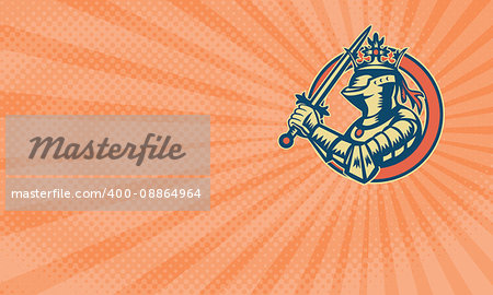 Business card showing Illustration of knight in full armor brandishing a sword set inside circle done in retro woodcut style.