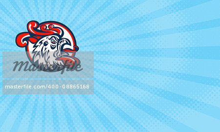 Business card showing Illustration of a rooster cockerel head crowing facing side set inside circle done in retro style.