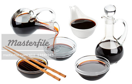 Soy sauce and chopsticks isolated on white background, with clipping path