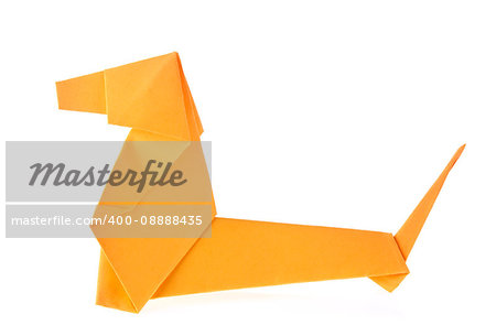 Orange Dachshund dog of origami, isolated on white background
