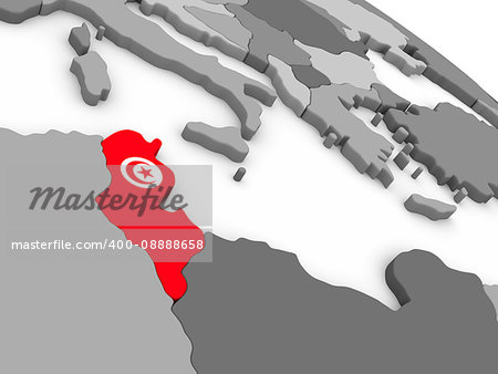 Map of Tunisia with embedded national flag. 3D illustration