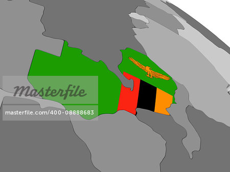 Map of Zambia with embedded national flag. 3D illustration