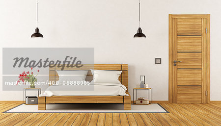 Modern Bedroom with wooden bed,nightstand and closed door - 3d rendering