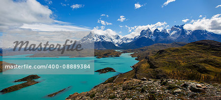view from mirador condor in torres del paine national park in patagonia, chile, view of cuernos del paine and lake pehoe