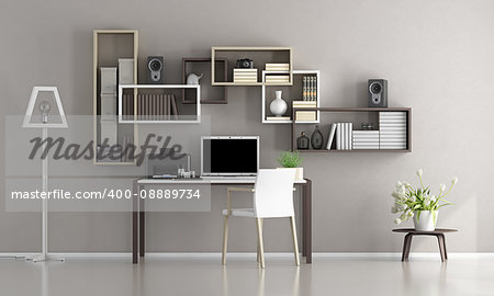 Minimalist home office with laptop,printer and bookcase on wall - 3d rendering