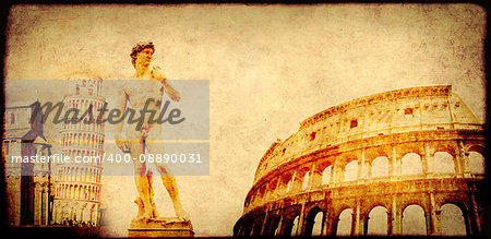 Grunge background with paper texture and landmarks of Italy - Leaning Tower of Pisa, Colosseum, Michelangelo's David