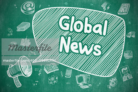 Speech Bubble with Text Global News Cartoon. Illustration on Blue Chalkboard. Advertising Concept. Business Concept. Loudspeaker with Phrase Global News. Cartoon Illustration on Blue Chalkboard.