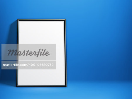 Blank white paper poster in thin black frame on blue background. Poster mock-up template