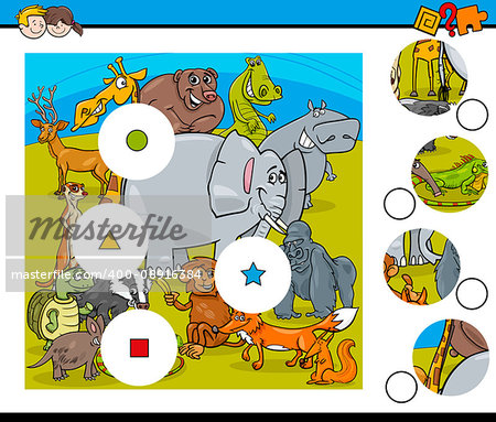 Cartoon Illustration of Educational Match the Elements Task for Children with Wild Animal Characters