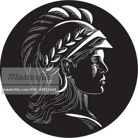 Illustration of Minerva or Menrva, the Roman goddess of wisdom and sponsor of arts, trade, and strategy wearing helmet and laurel crown viewed from side set inside oval shape done in retro woodcut style.