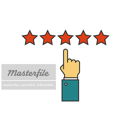 Giving five stars raiting flat line icon. Feedback, review, quality and management concept