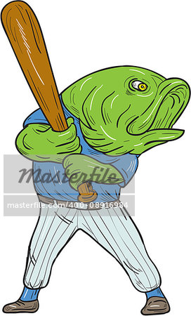 Illustration of a largemouth bass baseball player holding bat batting looking to the side viewed from front set on isolated white background done in cartoon style.