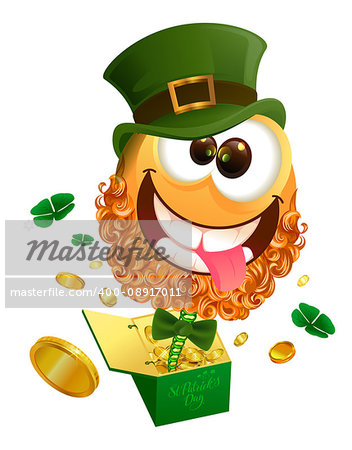Smile jester in hat Patrick jumps out of box. Isolated on white vector illustration
