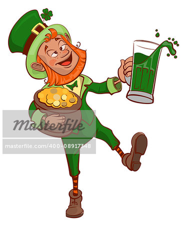 Drunk fun Patrick holds pot of gold and glass of green beer. Isolated on white vector cartoon illustration