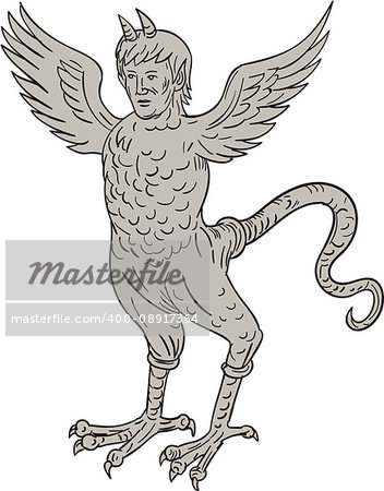 `Drawing sketch style illustration of an ancient 16th century monster with horned human head body of an eagle and serpentine tail standing viewed from front set on isolated white background