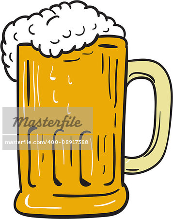 Drawing sketch style illustration of a beer mug with beer froth set on isolated white background.