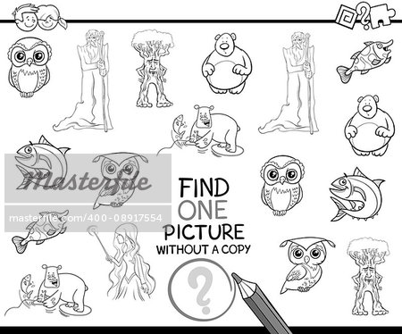 Black and White Cartoon Illustration of Educational Game of Finding Single Picture for Preschool Kids Coloring Page