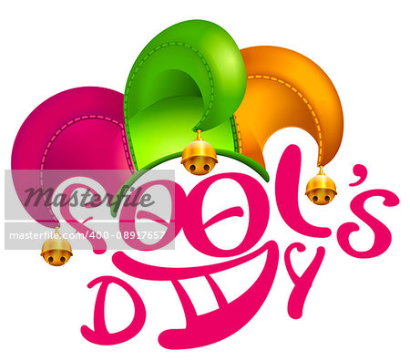 April fools day clown cap with golden bells. Isolated on white vector illustration
