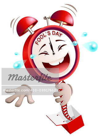 Fools day time. Clock hours service laughs surprise on spring from box. Isolated on white vector illustration