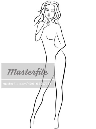 Abstract attractive young slender lady with long legs standing and gesticulated with her finger at lips, hand drawn vector outline