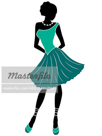 Abstract attractive graceful girl posing in short gown and in respective shoes in turquoise hues, hand drawn vector stencil illustration
