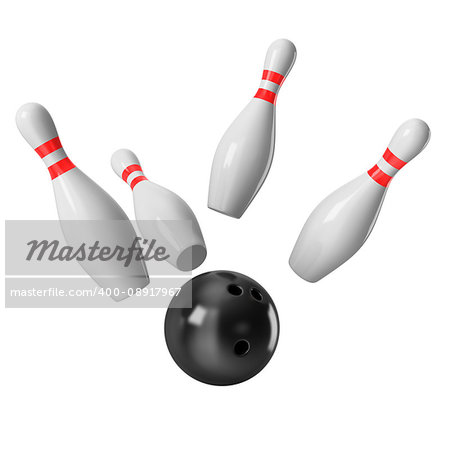 Bowling Ball crashing into the pins isolated on white background. Without shadow. Perspective view.