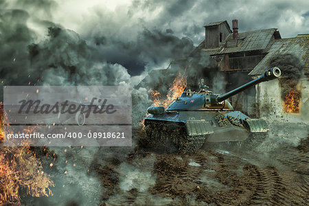 The battle of tanks at an abandoned production building. Military 3D illustration