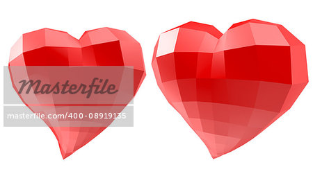 Set of hearts with faceted low-poly geometry effect isolated on white background