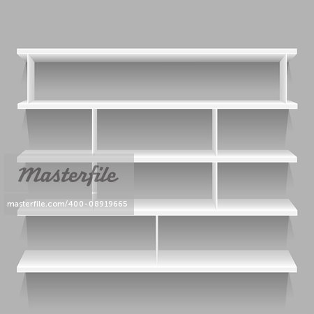 White store empty shelf with shadow for goods on gray background. Frame supermarket shop furniture design. Demonstration board