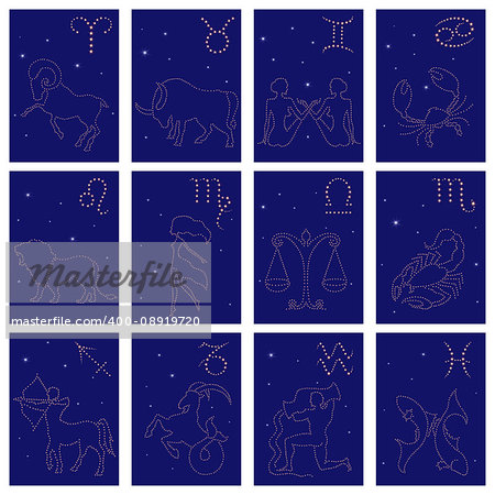 Set of twelve vector Zodiac sign starry contours: Aries, Taurus, Gemini, Cancer, Leo, Virgo, Libra, Scorpio, Sagittarius, Capricorn, Aquarius, Pisces