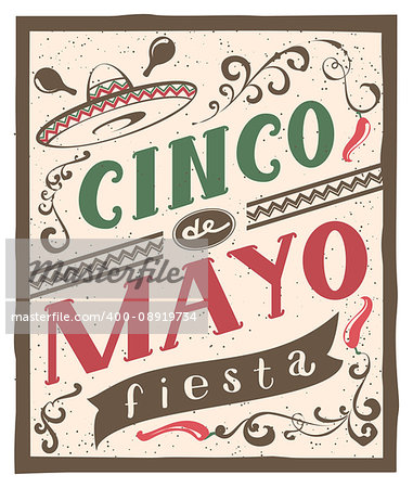 Cinco de Mayo fiesta lettering text. Retro flyer invitation. Illustration in vector format