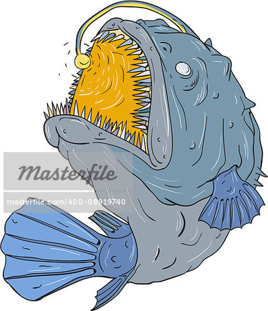 Drawing sketch style illustration of an Anglerfish of teleost order Lophiiformes that are bony fish named for their characteristic mode of predation, which a fleshy growth from fish's head (the esca or illicium) acts as a lure, swooping up viewed from the side set on isolated white background.