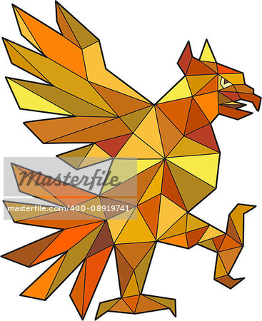 Low polygon style illustration of a glifo from the azteca's culture of a Cuauhtli showing an eagle in a fighting stance viewed from the side set on isolated white background.