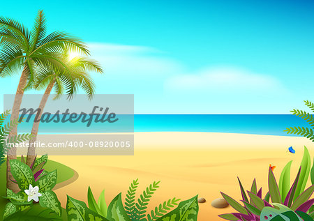 Tropical paradise island sandy beach, palm trees and sea. Vector cartoon illustration Hawaii