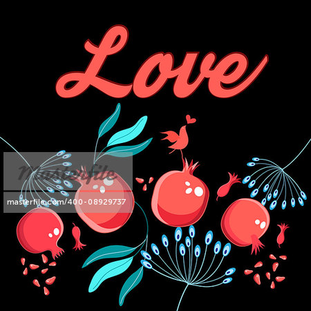 Vivid graphic card with grenades and love bird