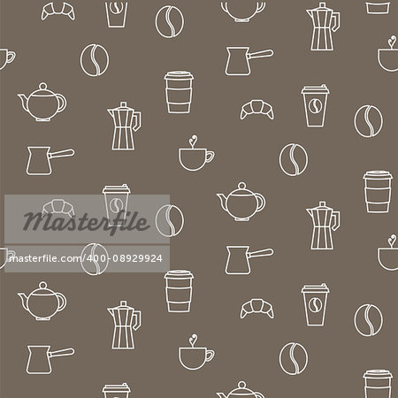Coffee line icons seamless brown vector pattern. Barista tools background.