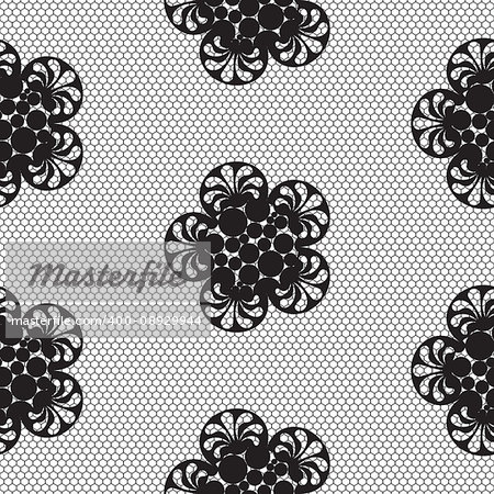Flower lace seamless pattern net. Black cell textile openwork knit on white. Texture hosiery monochrome knit.
