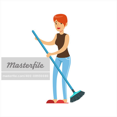 Woman Housewife Sweeping Floor With Broom, Classic Household Duty Of Staying-at-home Wife Illustration. Smiling Female Character And Her Domestic Affairs Vector Drawing.