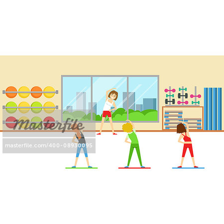Stretching Class With Woman Trainer , Member Of The Fitness Club Working Out And Exercising In Trendy Sportswear. Healthy Lifestyle And Fitness Set Of Illustrations With Person Visiting Gym
