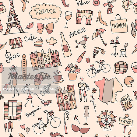 France sketch, seamless pattern for your design. Vector illustration
