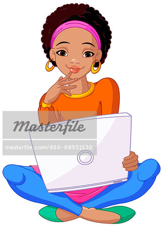 Happy young African woman sitting on cushion with laptop in lap