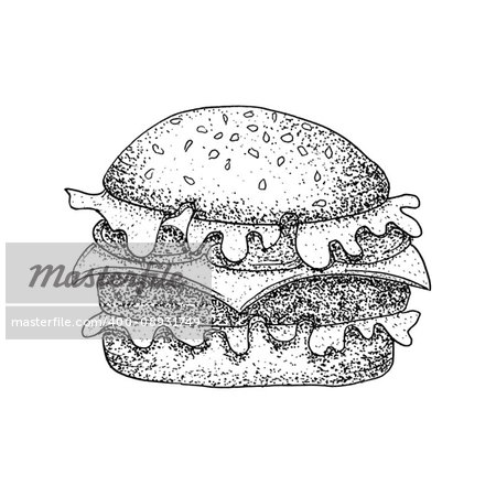 Fast Food Burger Dotwork. Raster Illustration of Hamburger. Hand Drawn Sketch.