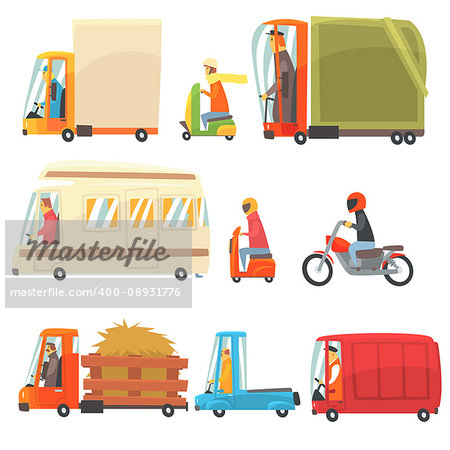 Public And Personal Transport Toy Cars And Trucks Collection Of Childish Colorful Transportation Vehicles. Childish Vector Illustrations With Cute Cars And Bikes With Drivers In Stylized Design.