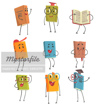 Cute Humanized Book Emoji Characters Representing Different Types Of Literature, Kids And School Books. Smiling, Laughing And Expressing Other Emotions Had Cover Manuals And Fiction Books Illustrations.