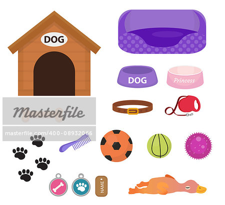 Dogs stuff icon set with accessories for pets, flat style, isolated on white background. Puppy toy. Doghouse, collar, food. Pet shop concept. Vector illustration, clip art